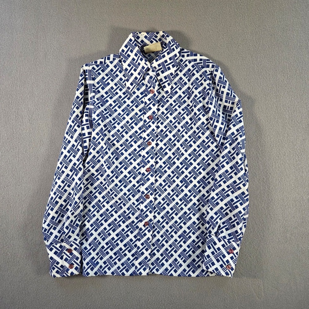 Vintage White Stag Blouse Womens Small Blue 70s Daggar Collar Geometric Disco